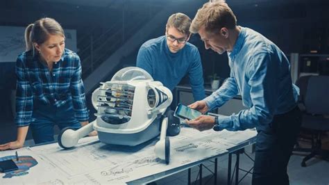 Stylish Female Robotics Engineer Leans On The Table Works With