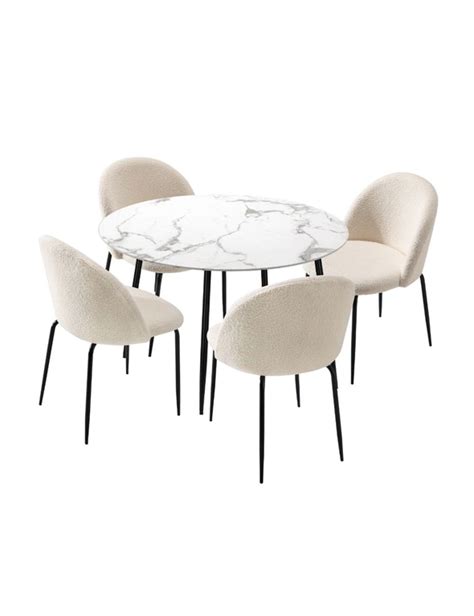 Oikiture 5pcs Dining Sets 110cm Round Table With 4pcs Chairs White Sherpa Crossroads