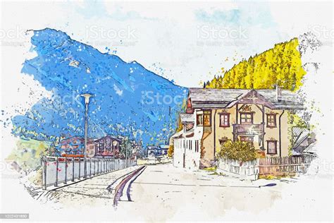 Watercolor Drawing Picture Landscape View Of Sulden Small Town At Bolzano Italy In Autumnnature