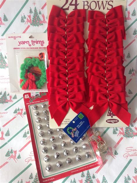 Vintage Christmas Craft Supplies Red Bows Silver Jingle Bells And More