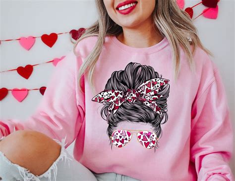 Valentines Lady Messy Bun Sweatshirt Heart Valentine Sweater