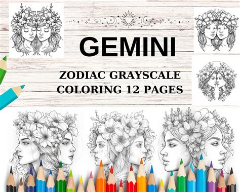 Gemini Zodiac Sign Coloring Page Bundle Loring Pages Astrology