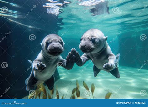 Pair Of Baby Otters Holding Hands While Swimming In Underwater Garden