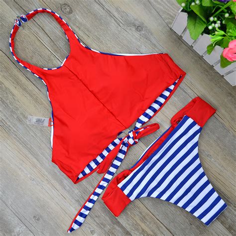 New Retro Halter Swimsuit Reversible Bikini Bandage Swimwear Cut Out Swimsuit Brazilian