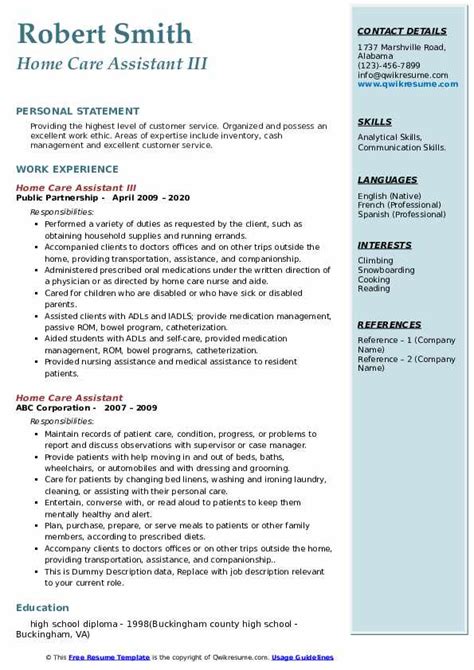 Home Care Assistant Resume Samples Qwikresume