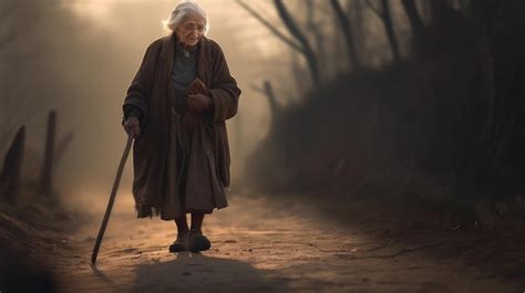 Una Anciana Caminando Por Un Camino Con Un Bast N Foto Premium