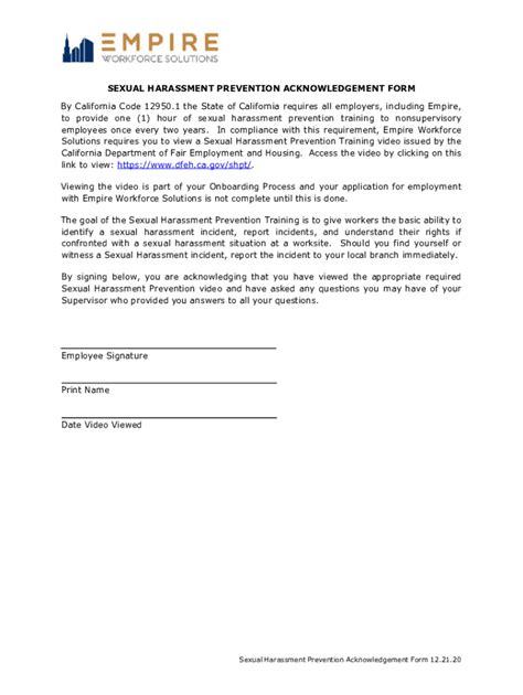 Fillable Online Sexual Harassment Prevention Acknowledgement Form Pdf