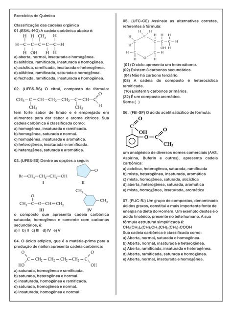 Exercícios de Química- classificação das cadeias organicas | PDF