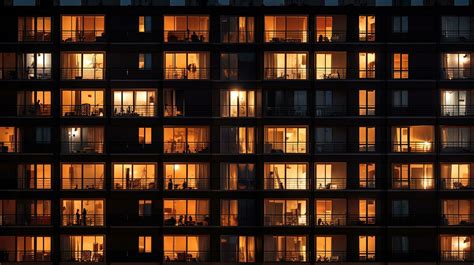 Lit Windows Of Tall Apartment Building At Night Urban Backdrop