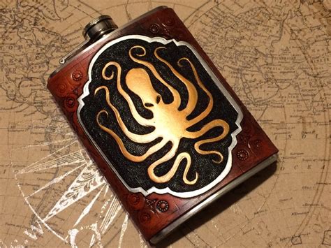 Octopus Label Steampunk Leather 8oz Hip Flask Made To Order Etsy