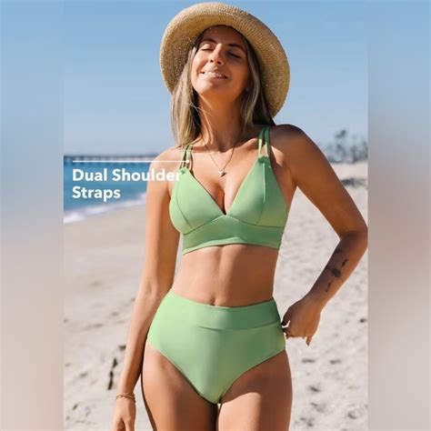 Cupshe Swim Twist Bralette Spliced High Waist Green Bikini Set