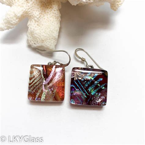 Red Dichroic Glass Earrings Red Gold Dangling Earrings Red Rainbow