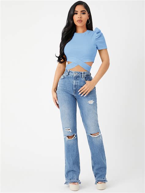 Shein Privé Puff Sleeve Crisscross Hem Crop Tee Shein Usa