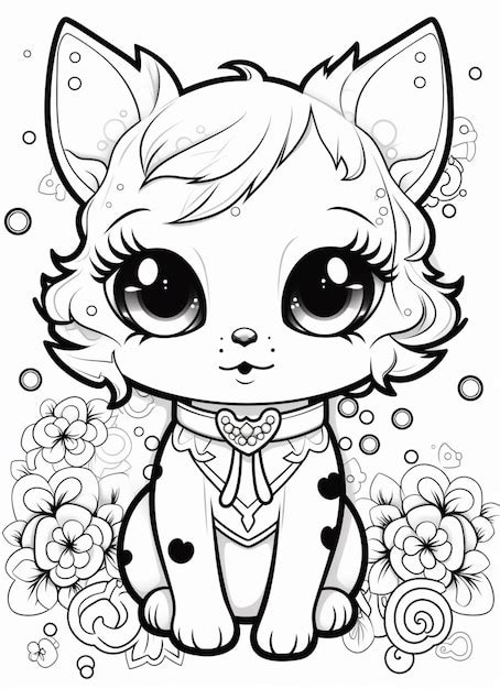 Un Dibujo En Blanco Y Negro De Un Gato Con Un Lazo Y Flores IA