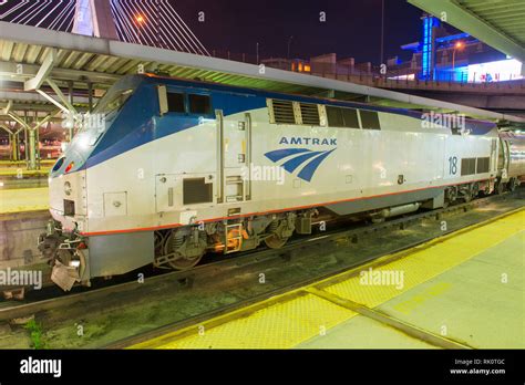 Amtrak General Electric Ge P42dc Genesis Locomotive At Night In North Station Boston