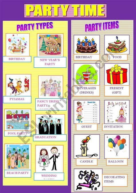 Party Types And Party Items Esl Worksheet By Piskur