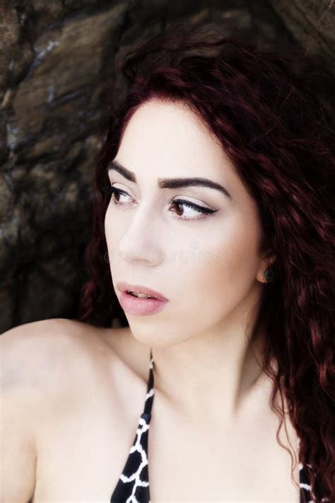 Latina Woman Portrait Outdoors Bikini Top Rocks Background Stock Image Image Of Woman