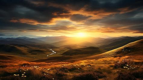 Premium AI Image | sunset over the mountains with a golden sunset