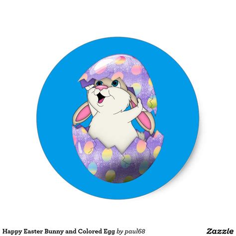 Happy Easter Bunny And Colored Egg Classic Round Sticker Zazzle