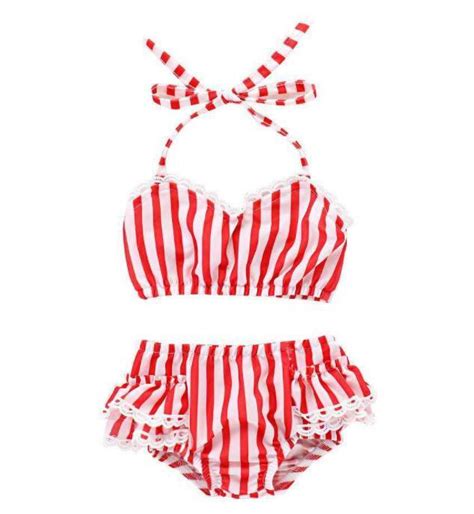 Red Stripe Girl Two Pieces Halter Swimsuit With Ruffles For Swimming Pool Bikini Set And