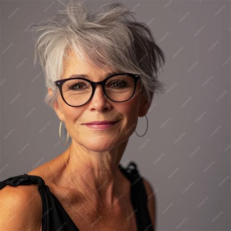 Premium Photo A Woman With Gray Hair And Glasses Posing For The Camera