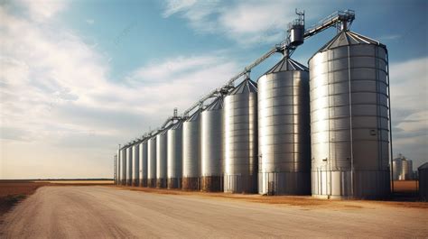 Fundo Linha De Silos De Metal Em Um Campo Agr Cola Fundo Imagem De