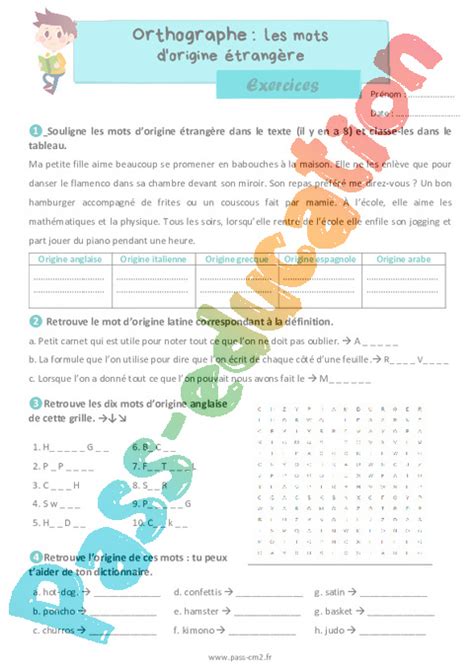 Les mots dorigine étrangère Exercices d orthographe pour le cm2