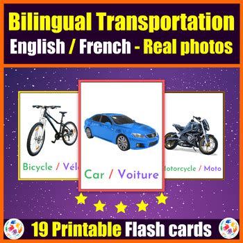 Bilingual English French Transportation Vocabulary Flashcards With