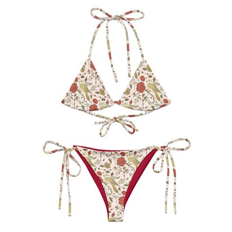 Vintage Birds String Bikini Set Minimalist Recycled Eco Friendly Bikini Boho Witchy Beachwear