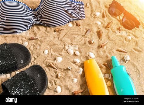 Summer Bikini And Accessories Stylish Beach Set Beach Bikini Summer Outfit And Sea Sand As