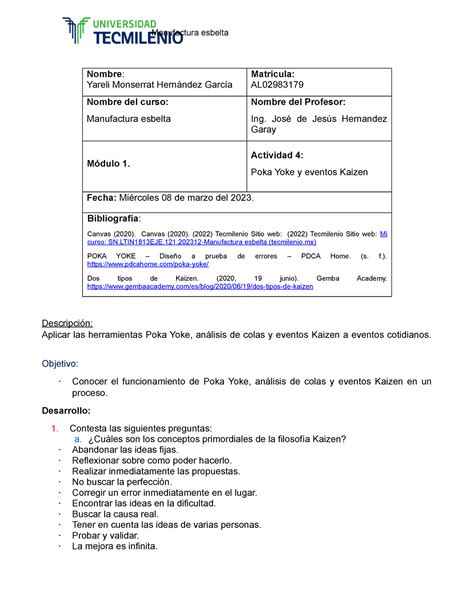 Actividad Manufactura Esbelta Descripci N Aplicar Las