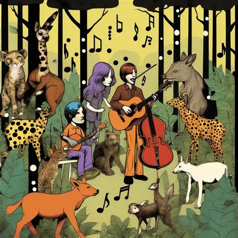 Musical Harmony Animals and People Collaborating in a 70s Modern Art Forest | MUSE AI