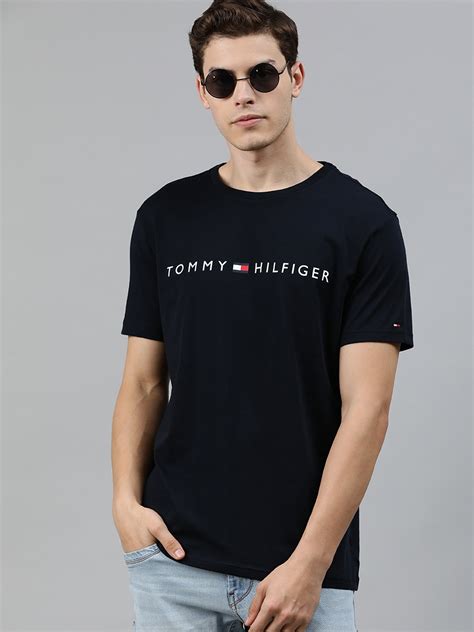 Buy Tommy Hilfiger Men Navy Blue Printed Round Neck Pure Cotton T Shirt