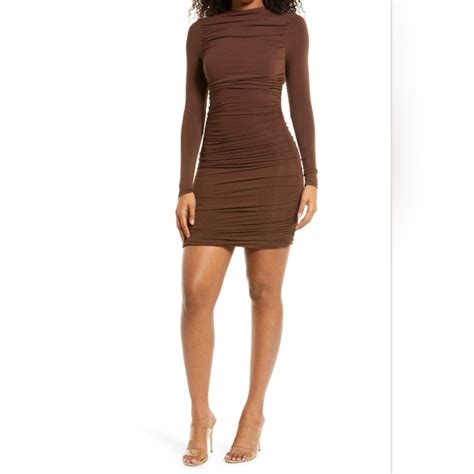 Naked Wardrobe Dresses Naked Wardrobe Ruched Long Sleeve Cutout Dress Brown L Poshmark