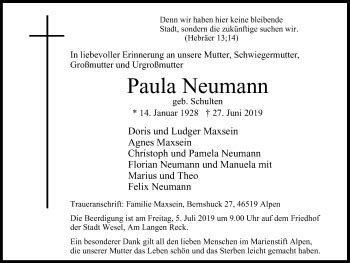 Traueranzeigen Von Paula Neumann Trauer In NRW De