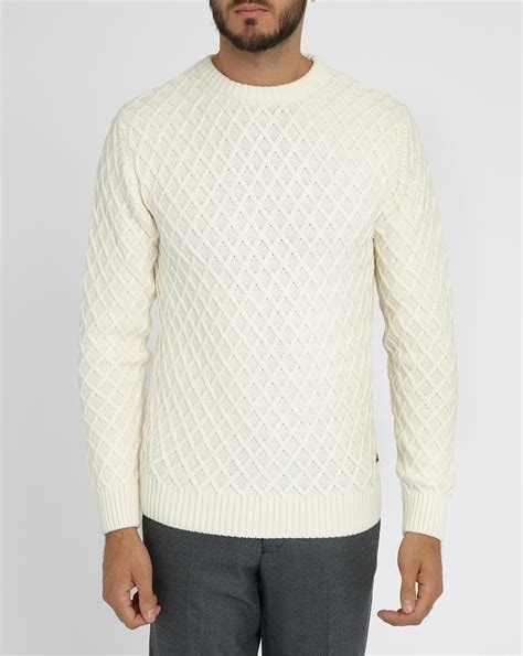 Knowledge Cotton Apparel White Diamond Knitted Round Neck Sweater In