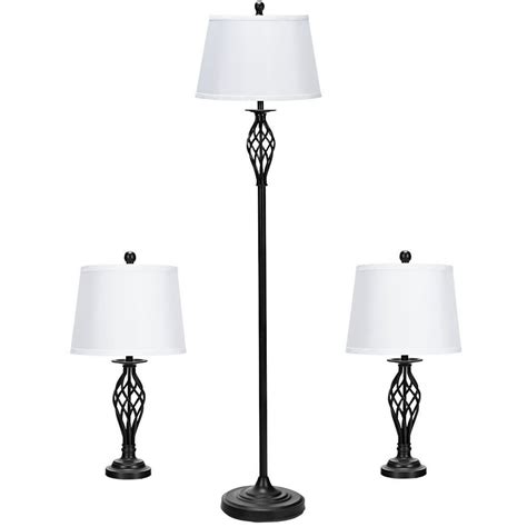 Gymax 3 Piece Lamp Set 2 Table Lamps 1 Floor Lamp Fabric Shades Living