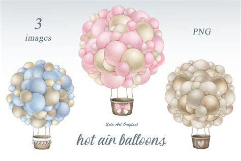 Hot Air Balloons Set Baby Shower Clipart Pink Blue Brown Neutral Colors Clipart Png