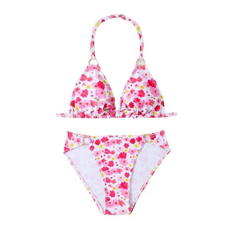 Gvdentm Girl S Beach Clothes Pc Ditsy Floral Bikini Swimsuit Ring Linked Ruched Bathing Suit