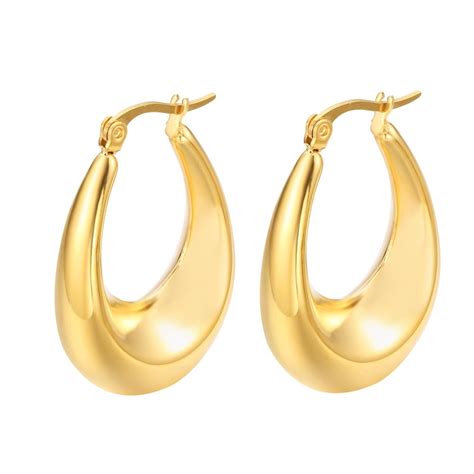 Gold Chunky Hoop Earrings For Women Girls 14k Gold Plated Oval Thick