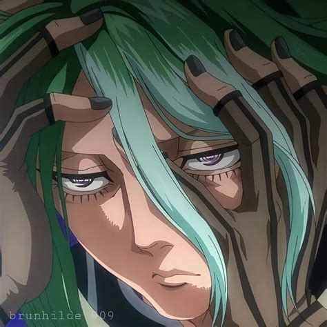 an anime character with green hair and blue eyes looking at the camera ...