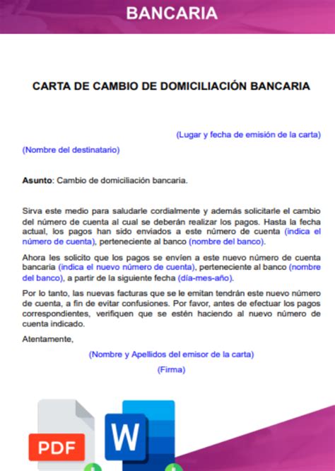 Carta modelo cambio domiciliación bancaria recibos Consultoría