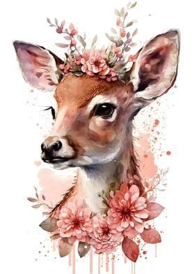 Deer With Flowers Painting