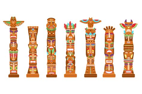 Mask totem poles. Hawaii tiki totems, ancient mythological symbols ind By Microvector ...