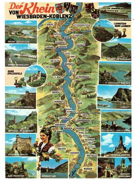 The Rhine From Wiesbaden Koblenz Germany Rare Multiview Map Postcard