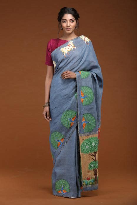 Label Pratham Print Pichwai Sarees Handwoven Tussar Linen Pichwai