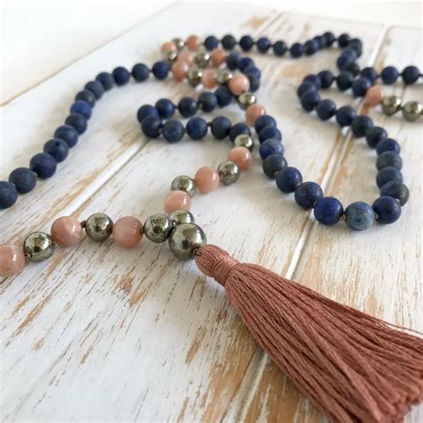 108 Mala Bead Necklace Pyrite Matte Lapis Lazuli Necklace Hand Knotted