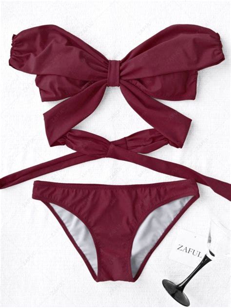 Off Padded Off Shoulder Wrap Bikini Set In Burgundy Zaful