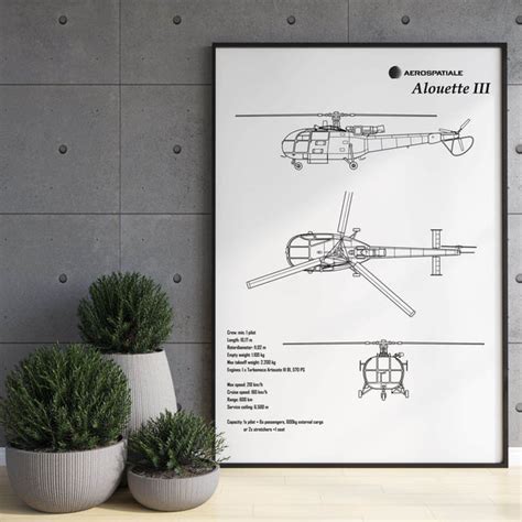 Aerospatiale Alouette III Helicopter Blueprint Poster | Aviation Design ...