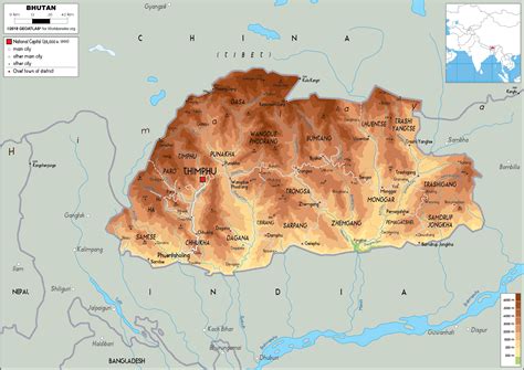 Large size Physical Map of Bhutan - Worldometer